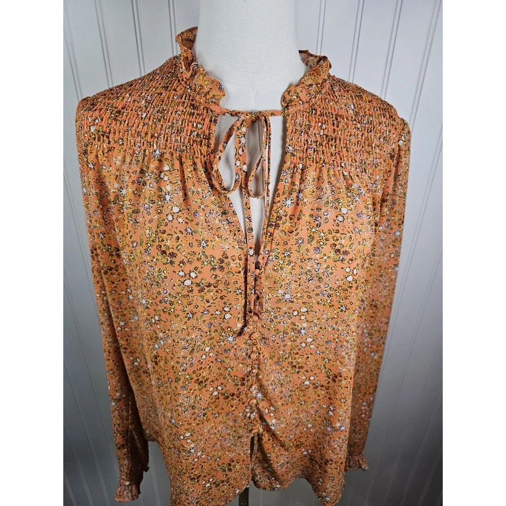 Free People Lela Smocked Ruffle Floral Blouse M Coral Boho Hippie Lightweight
